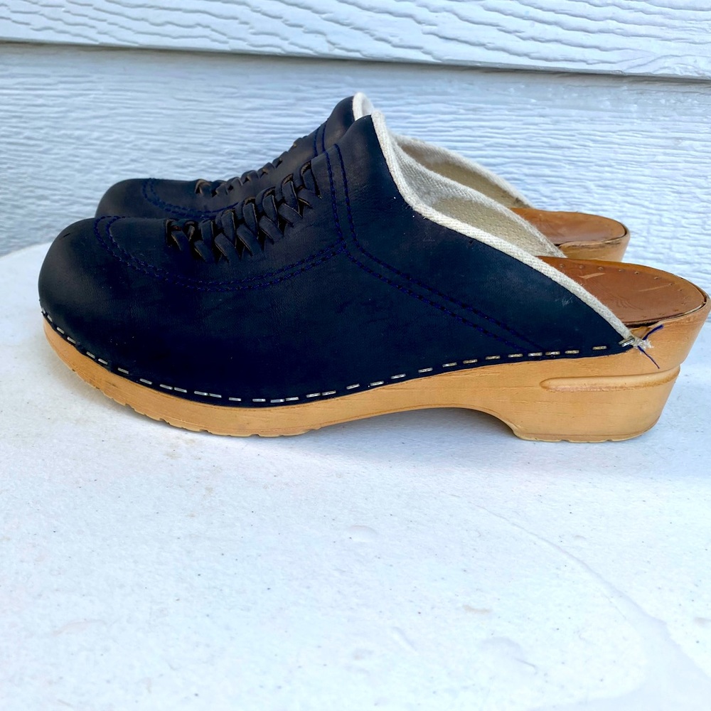Dansko Black Leather Clog Mules with Natural Wood Sole